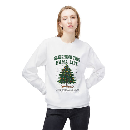Sleighing This Mama Life Sweatshirt — Christmas Tree & “With Jesus Is My Light” Holiday Crewneck