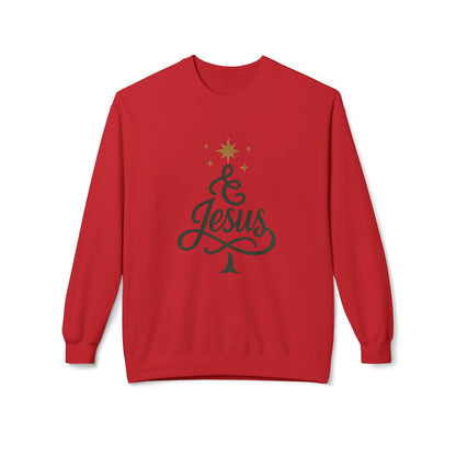 Christian Crewneck Sweatshirt — "& Jesus" Script Christmas Tree Design
