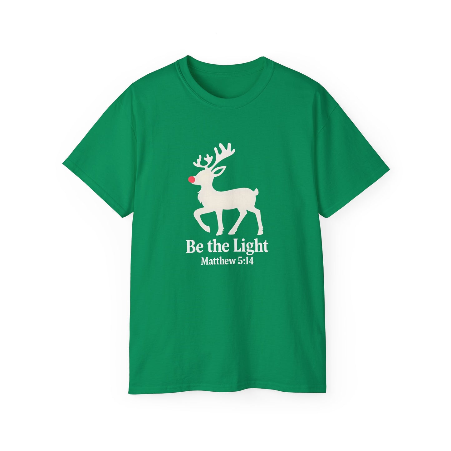 Be the Light Christmas Tee — Reindeer with Matthew 5:14 Holiday T-Shirt