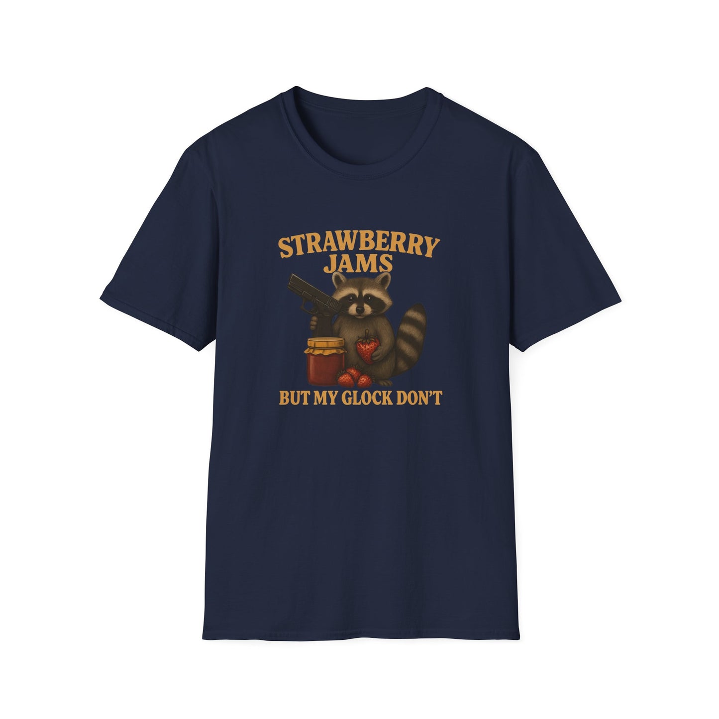Strawberry Jams But My Glock Don’t T-Shirt — Raccoon Graphic Gun Humor Tee
