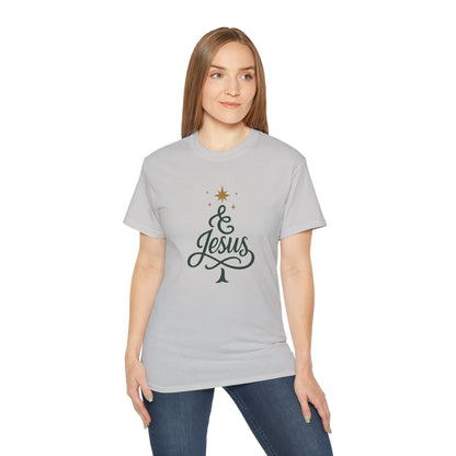 Christmas & Jesus T‑Shirt — Faith Holiday Tee with Star Tree Design
