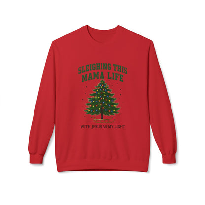 Sleighing This Mama Life Sweatshirt — Christmas Tree & “With Jesus Is My Light” Holiday Crewneck