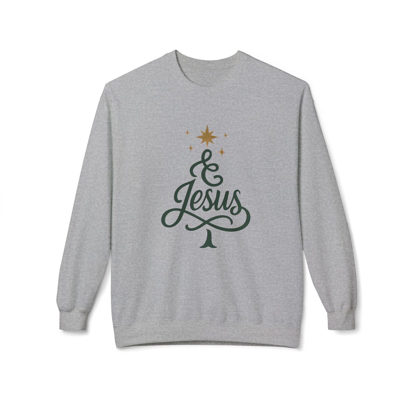 Christian Crewneck Sweatshirt — "& Jesus" Script Christmas Tree Design