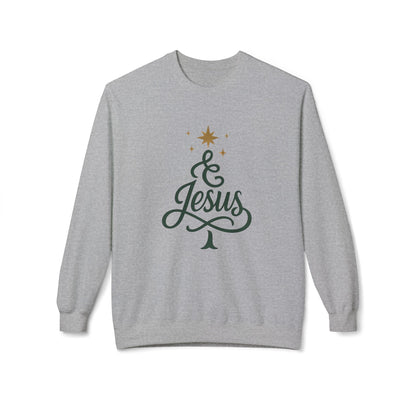 Christian Crewneck Sweatshirt — "& Jesus" Script Christmas Tree Design
