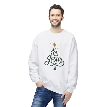 Christian Crewneck Sweatshirt — "& Jesus" Script Christmas Tree Design