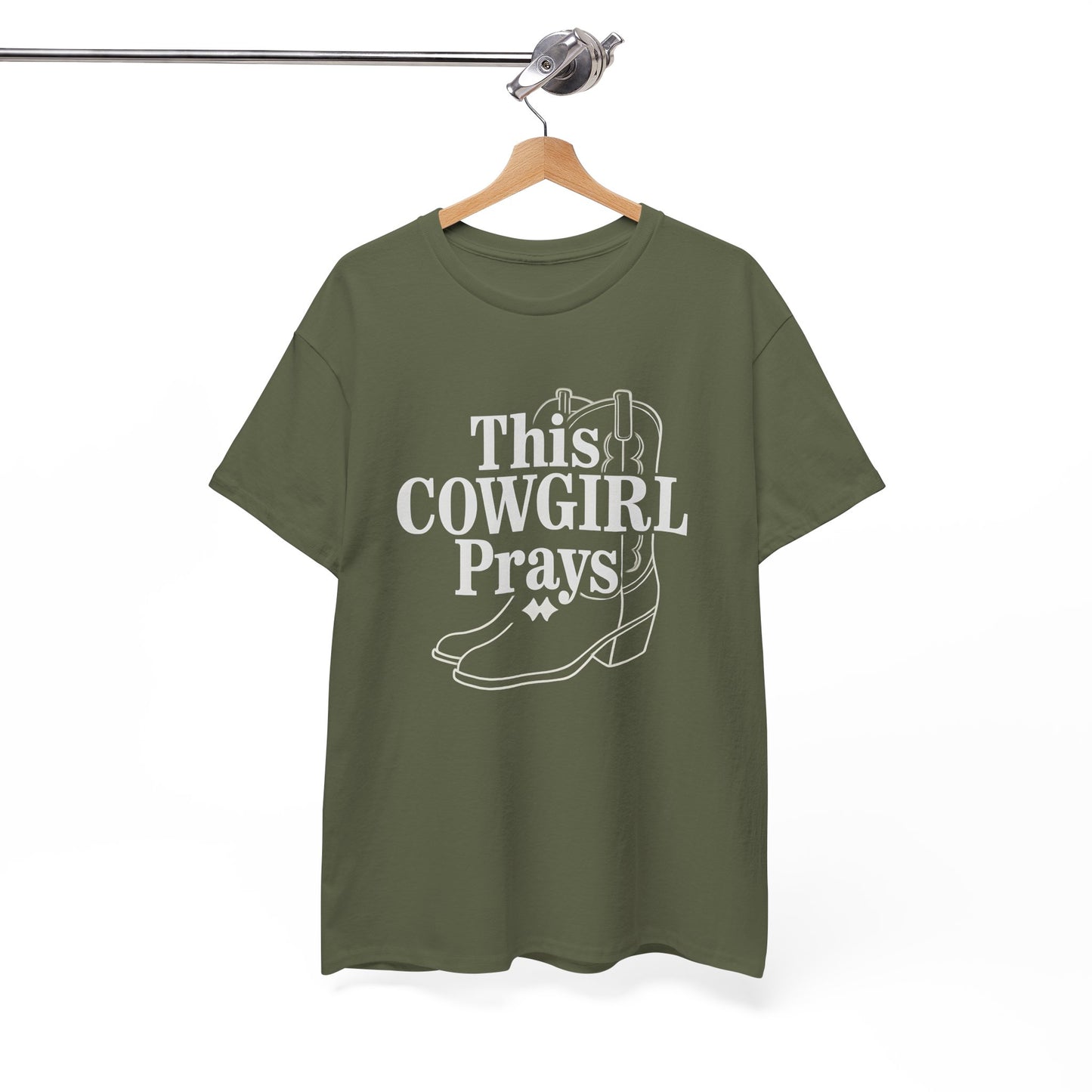 This Cowgirl Prays Unisex Heavy Cotton Tee, Western T-Shirt, Gift for Cowgirls, Rodeo Apparel, Faith-Based Fashion, Country Style Top