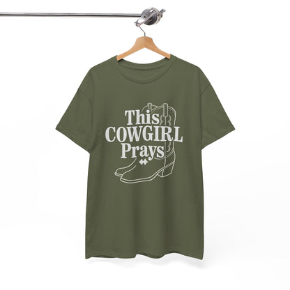 This Cowgirl Prays Unisex Heavy Cotton Tee, Western T-Shirt, Gift for Cowgirls, Rodeo Apparel, Faith-Based Fashion, Country Style Top