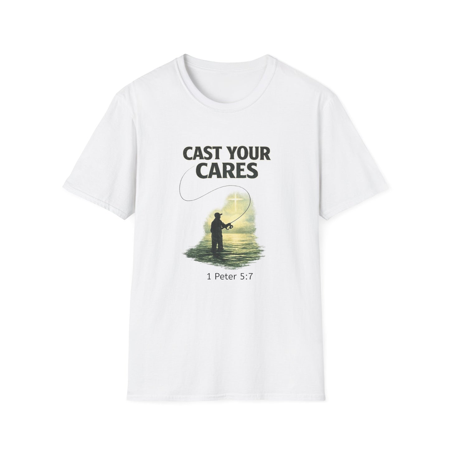 Cast Your Cares T-Shirt – Fishing Christian Graphic (1 Peter 5:7)
