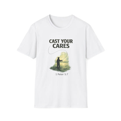 Cast Your Cares T-Shirt – Fishing Christian Graphic (1 Peter 5:7)