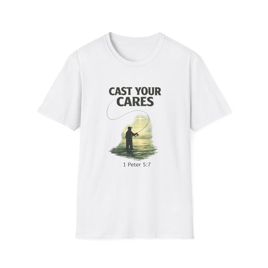 Cast Your Cares T-Shirt – Fishing Christian Graphic (1 Peter 5:7)