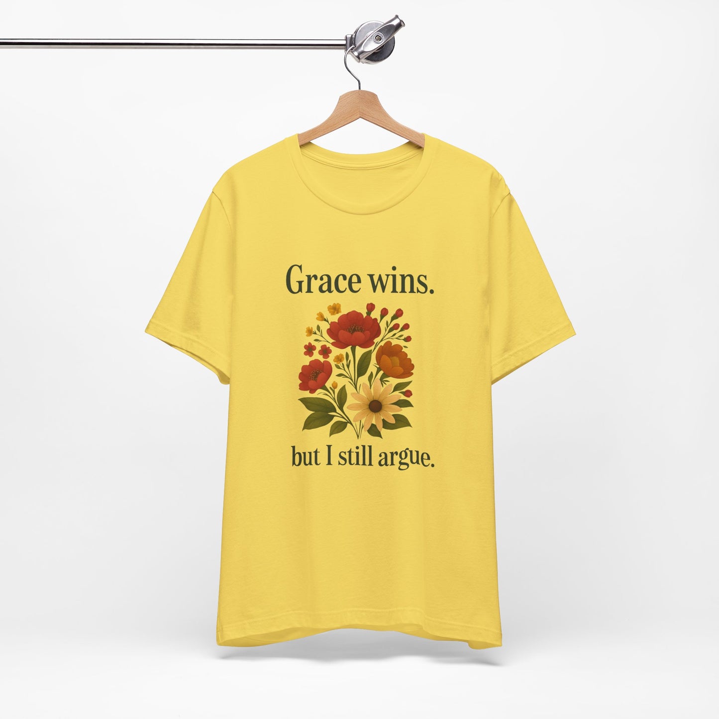 Floral Quote Tee, Grace Wins Short Sleeve T-Shirt, Unisex Graphic Tee, Gift for Friends, Casual Wear, Everyday Comfort