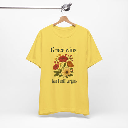 Floral Quote Tee, Grace Wins Short Sleeve T-Shirt, Unisex Graphic Tee, Gift for Friends, Casual Wear, Everyday Comfort