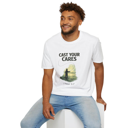 Cast Your Cares T-Shirt – Fishing Christian Graphic (1 Peter 5:7)