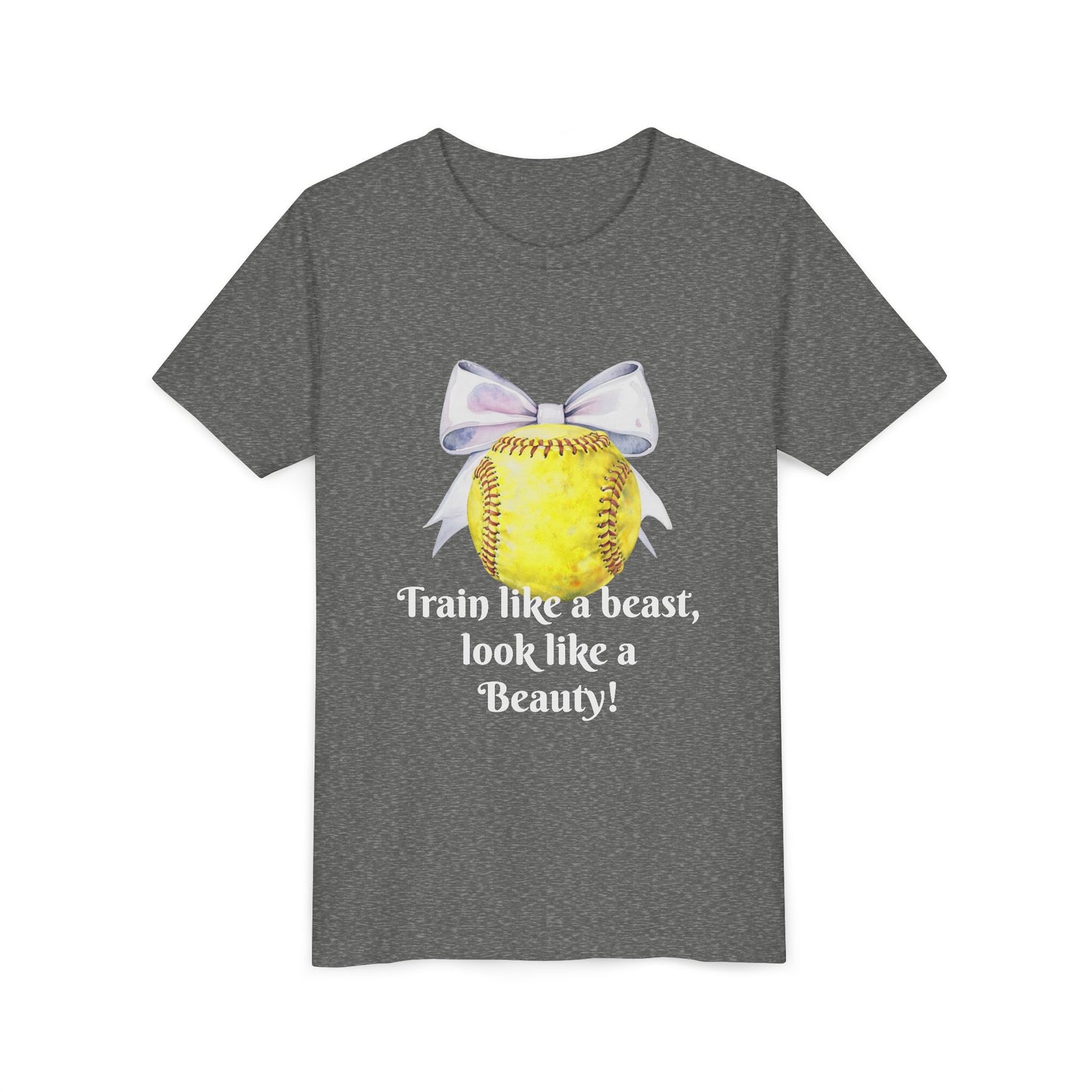 Softball Quote Youth Tee, Train like a beast look like a Beauty