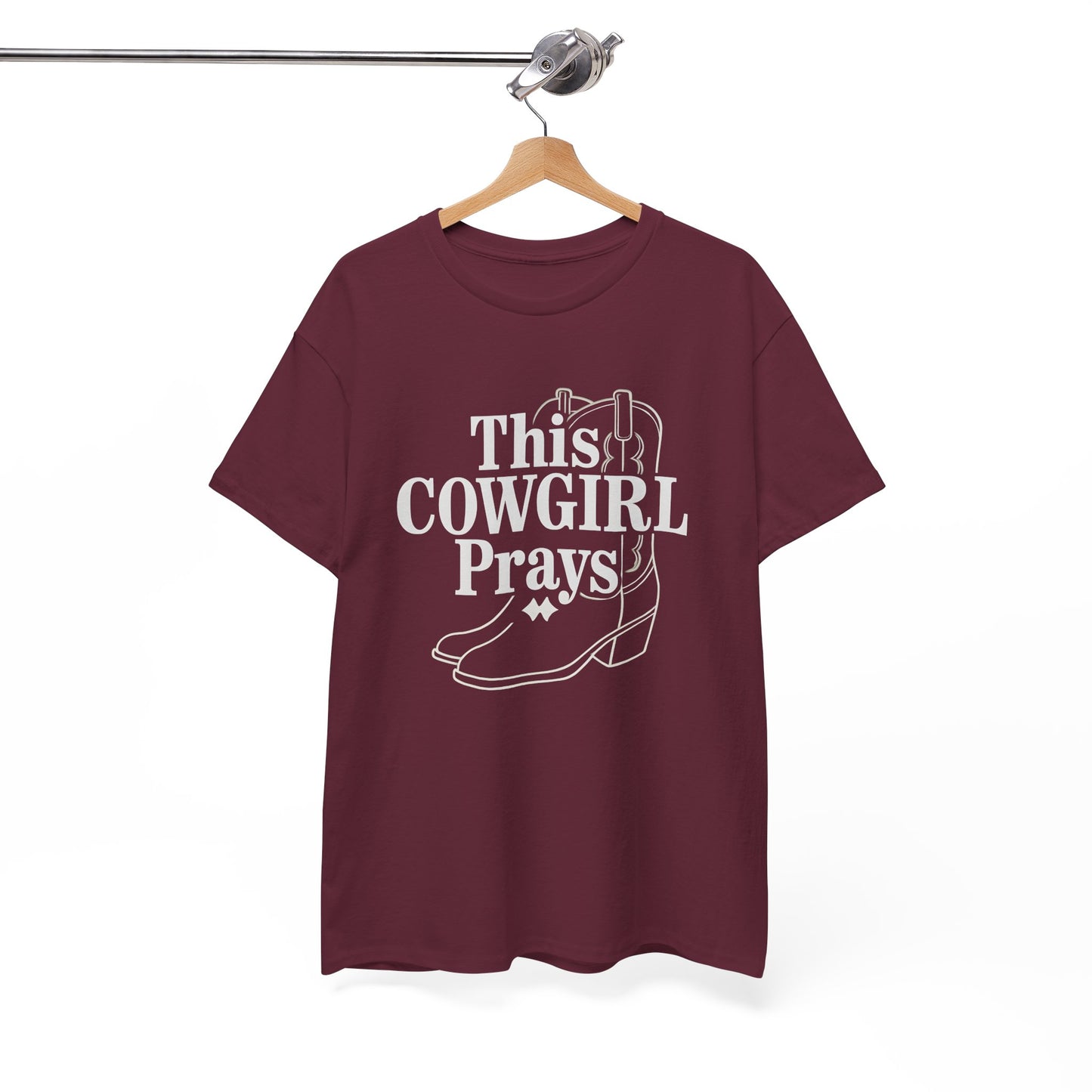 This Cowgirl Prays Unisex Heavy Cotton Tee, Western T-Shirt, Gift for Cowgirls, Rodeo Apparel, Faith-Based Fashion, Country Style Top