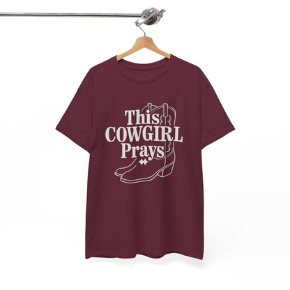 This Cowgirl Prays Unisex Heavy Cotton Tee, Western T-Shirt, Gift for Cowgirls, Rodeo Apparel, Faith-Based Fashion, Country Style Top