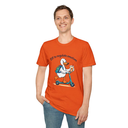 Duck on Scooter T-Shirt — "Off to regulate emotions" Cute Mental Health Tee
