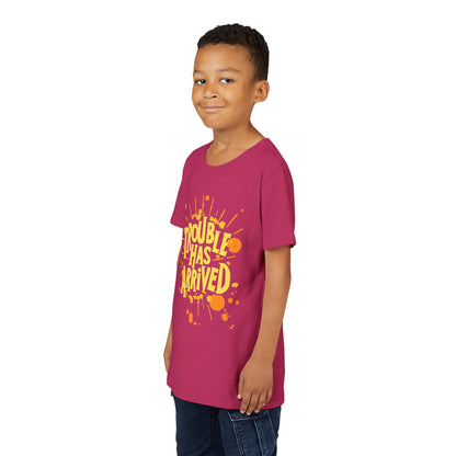 Youth Tee: "Trouble Has Arrived" - Fun, Playful Shirt for Kids, Perfect for Birthdays, Parties, Summer, Everyday Wear, Gift Ideas