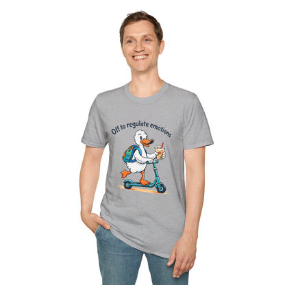Duck on Scooter T-Shirt — "Off to regulate emotions" Cute Mental Health Tee