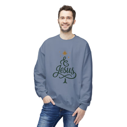 Christian Crewneck Sweatshirt — "& Jesus" Script Christmas Tree Design