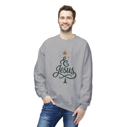 Christian Crewneck Sweatshirt — "& Jesus" Script Christmas Tree Design