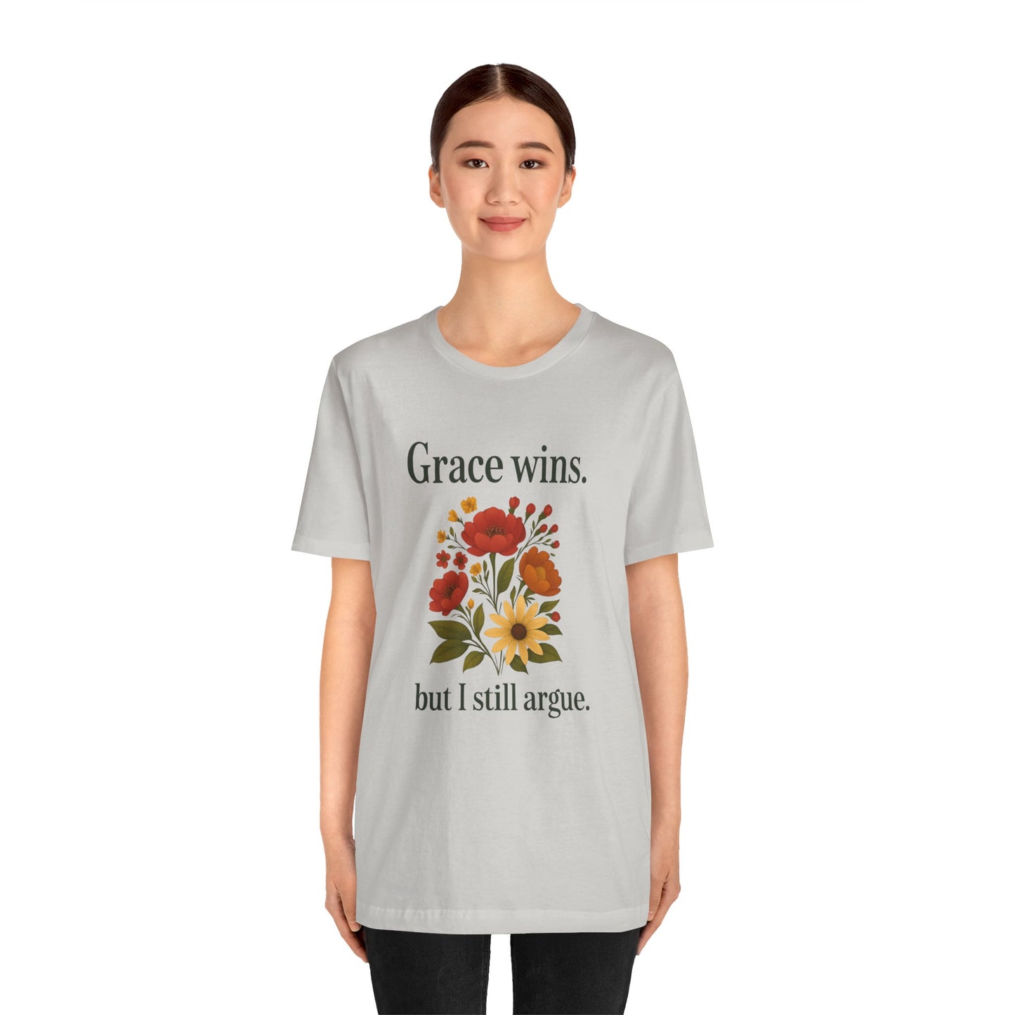 Floral Quote Tee, Grace Wins Short Sleeve T-Shirt, Unisex Graphic Tee, Gift for Friends, Casual Wear, Everyday Comfort