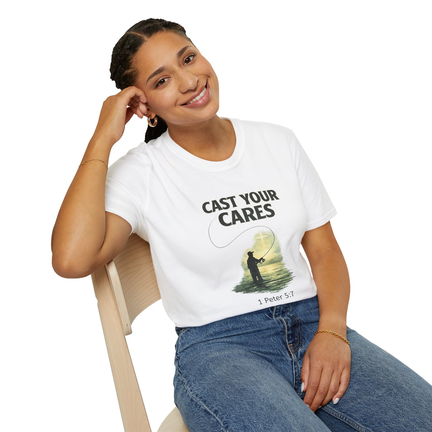 Cast Your Cares T-Shirt – Fishing Christian Graphic (1 Peter 5:7)