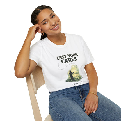 Cast Your Cares T-Shirt – Fishing Christian Graphic (1 Peter 5:7)