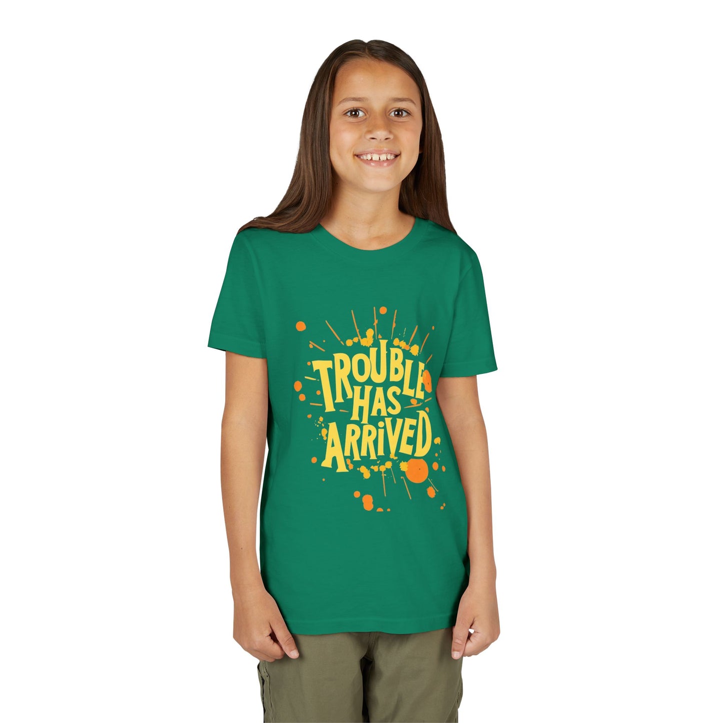 Youth Tee: "Trouble Has Arrived" - Fun, Playful Shirt for Kids, Perfect for Birthdays, Parties, Summer, Everyday Wear, Gift Ideas
