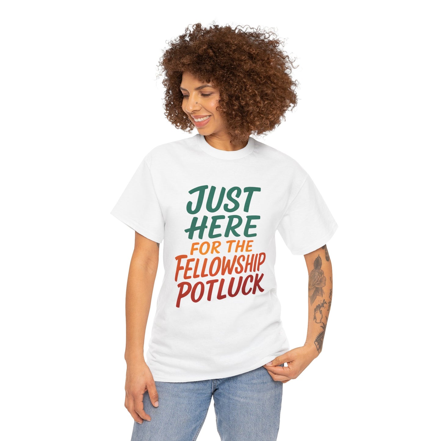 Just Here for the Fellowship Potluck Tee, Unisex Cotton T-Shirt, Fun Gathering Shirt, Party Tees, Casual Event Wear, Gifts for Friends