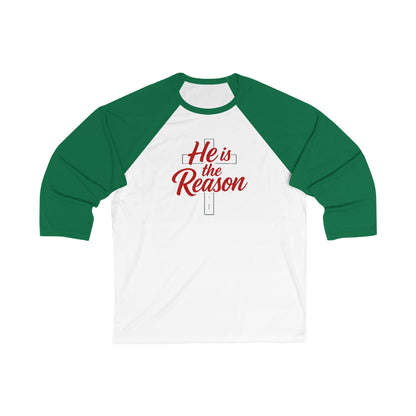 He Is the Reason Baseball Tee — Christian Christmas Raglan