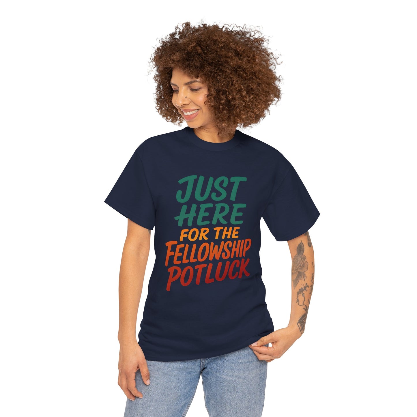 Just Here for the Fellowship Potluck Tee, Unisex Cotton T-Shirt, Fun Gathering Shirt, Party Tees, Casual Event Wear, Gifts for Friends