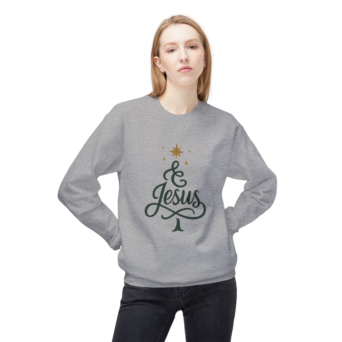 Christian Crewneck Sweatshirt — "& Jesus" Script Christmas Tree Design