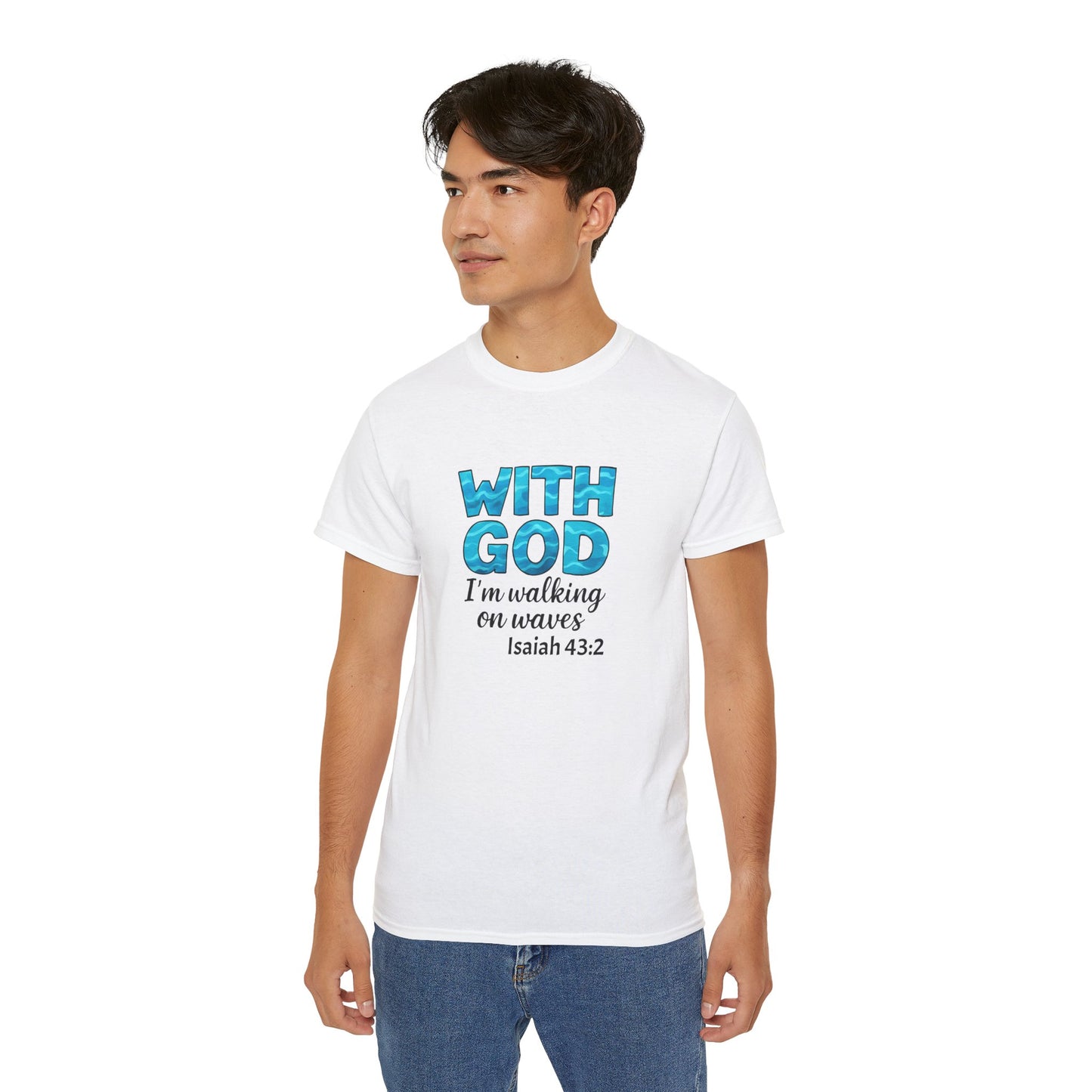 Faith-Inspired Cotton Tee: With God I'm Walking on Waves, Inspirational T-Shirt, Christian Apparel, Bible Verse Shirt, Gift for Believers