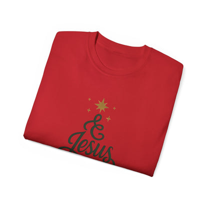 Christmas & Jesus T‑Shirt — Faith Holiday Tee with Star Tree Design