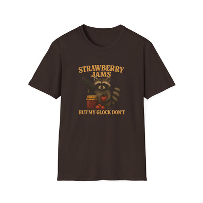 Strawberry Jams But My Glock Don’t T-Shirt — Raccoon Graphic Gun Humor Tee