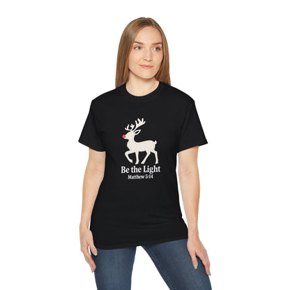 Be the Light Christmas Tee — Reindeer with Matthew 5:14 Holiday T-Shirt