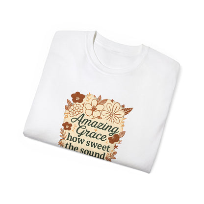 Amazing Grace Floral Unisex Ultra Cotton Tee, Vintage T-Shirt, Gift for Music Lovers, Spiritual Apparel, Heartwarming Quote Tee