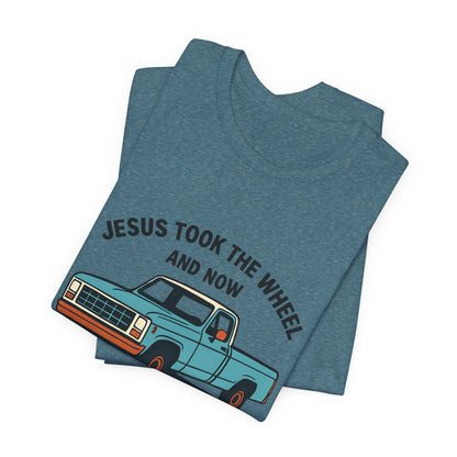 Jesus Took the Wheel Tee, Funny Christian Shirt, Shotgun Humor T-Shirt, Gift for Car Lovers, Casual Faith-Based Apparel