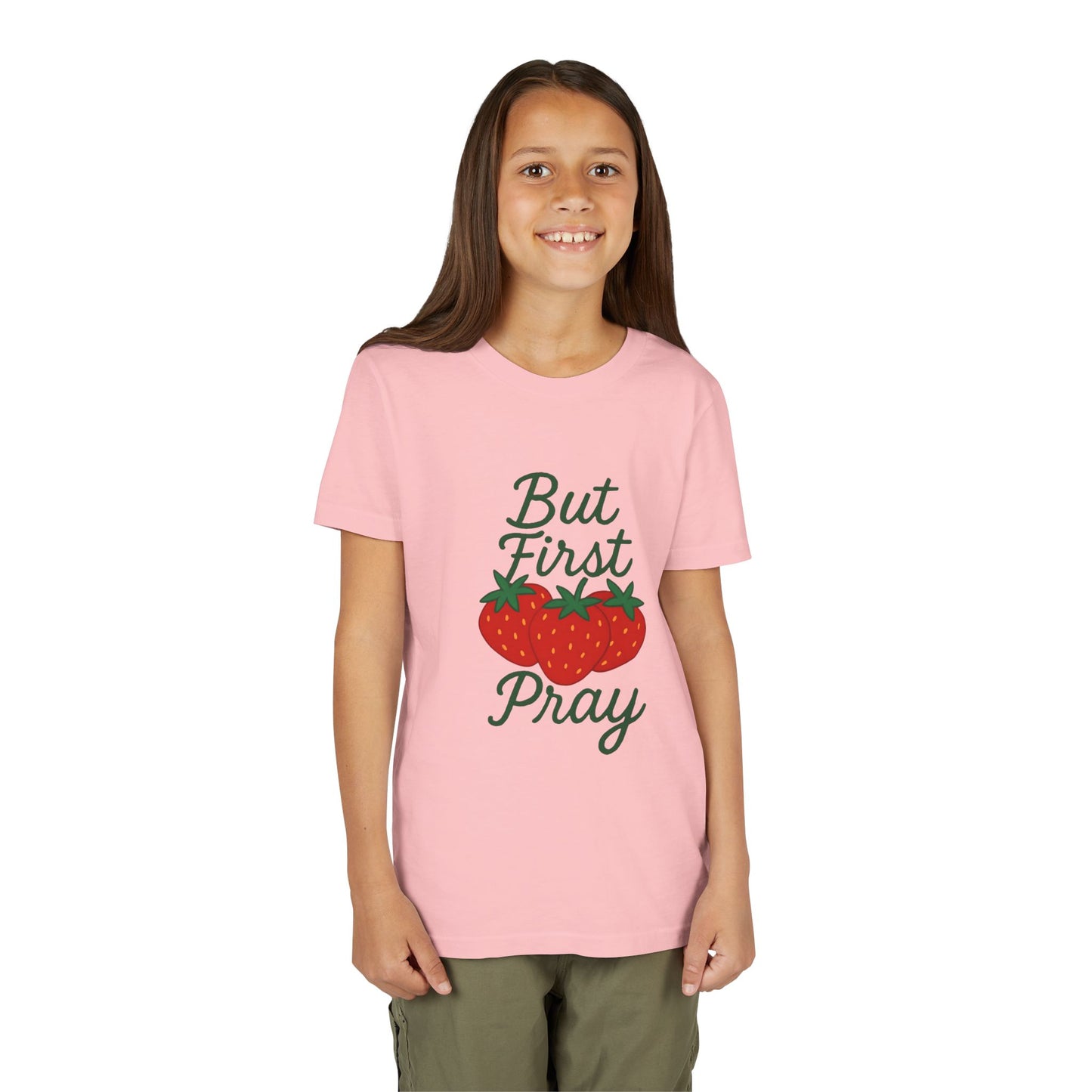 Strawberry Prayer Youth Tee, But First Pray T-Shirt for Kids, Faith-Based Apparel, Summer Wear, Cute Gift for Girls