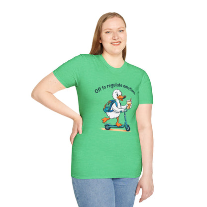 Duck on Scooter T-Shirt — "Off to regulate emotions" Cute Mental Health Tee