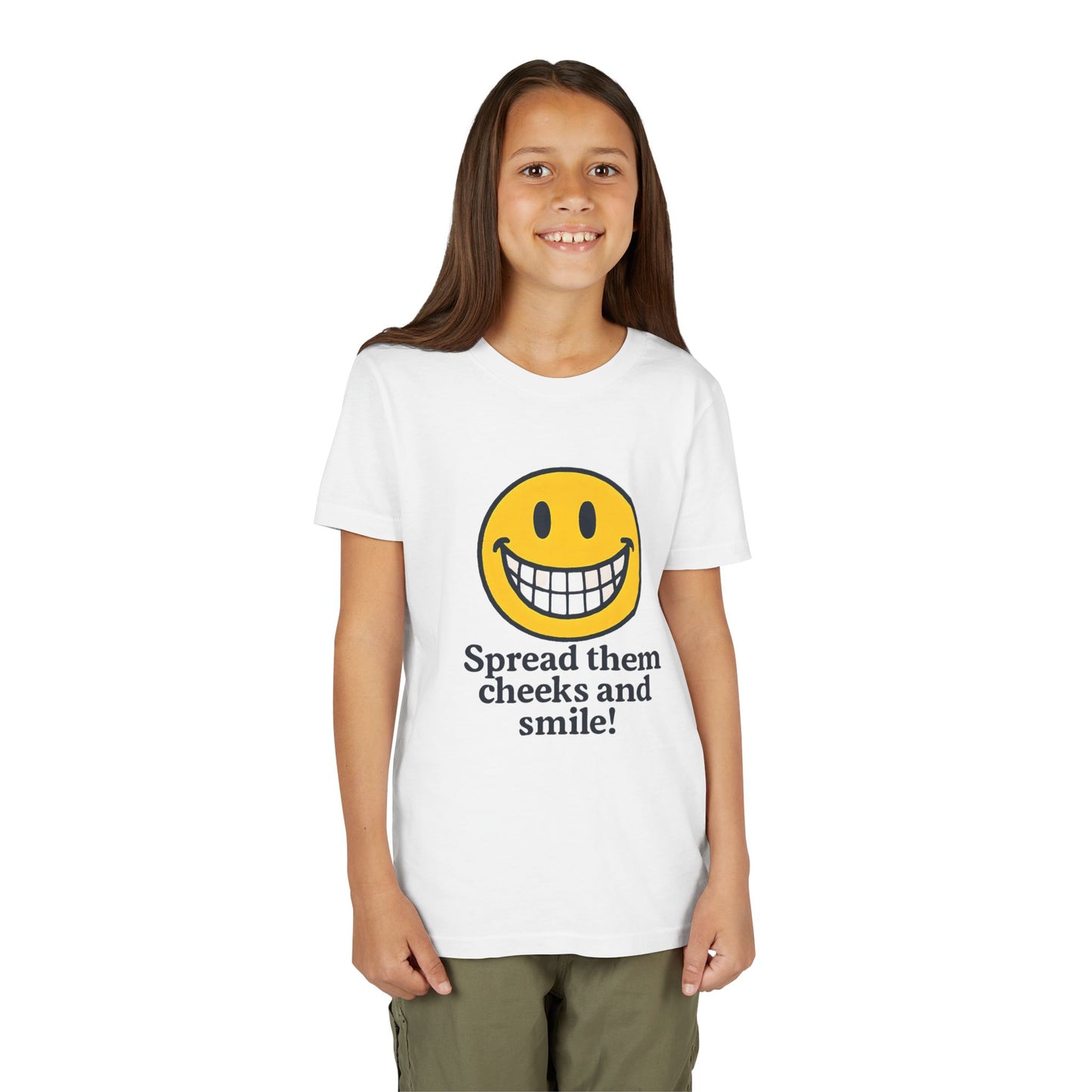Cheerful Smile Youth Tee, Funny Kids Shirt, Positive Vibes T-Shirt, Gift for Birthday, Summer Fun Apparel, Spread Cheeks and Smile