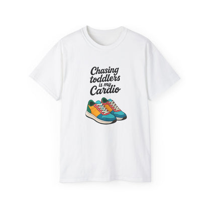 Chasing Toddlers Is My Cardio Unisex Ultra Cotton Tee, Funny Parent Shirt, Gift for Moms and Dads, Casual Wear, Toddler Parenting Humor