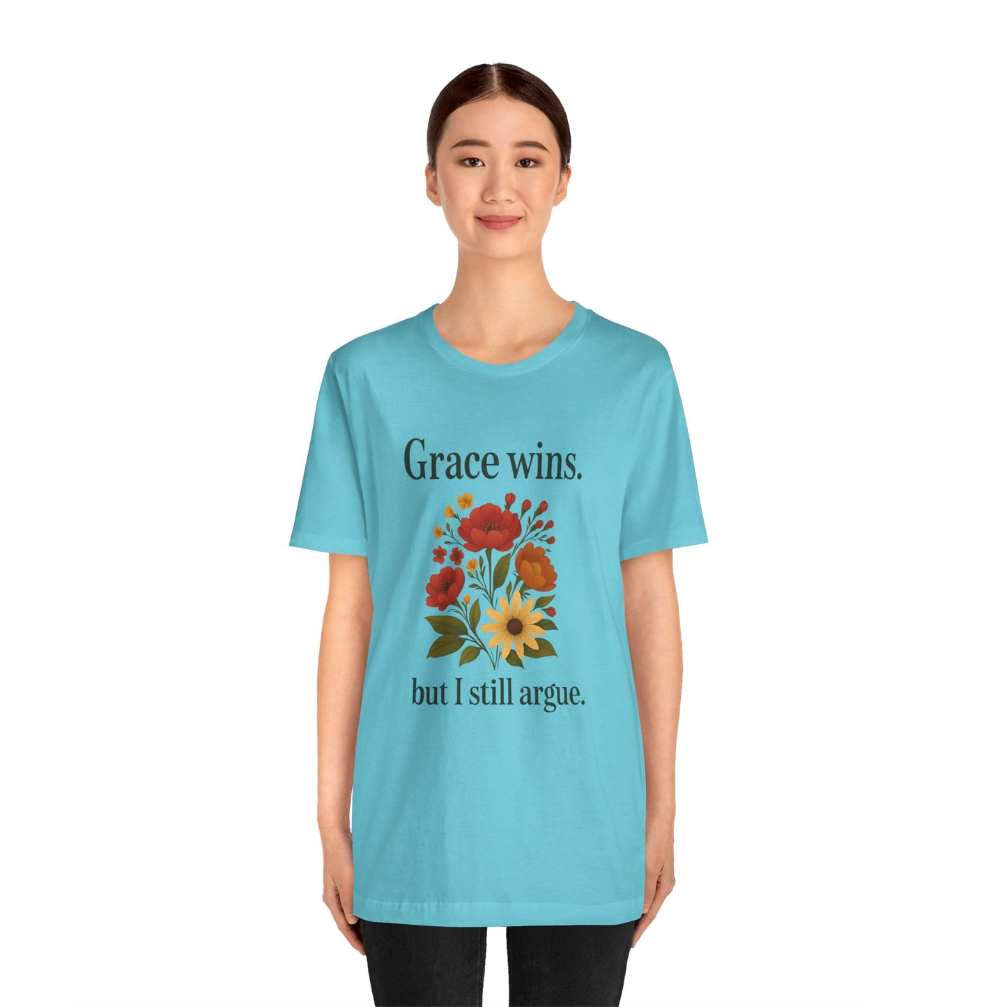 Floral Quote Tee, Grace Wins Short Sleeve T-Shirt, Unisex Graphic Tee, Gift for Friends, Casual Wear, Everyday Comfort