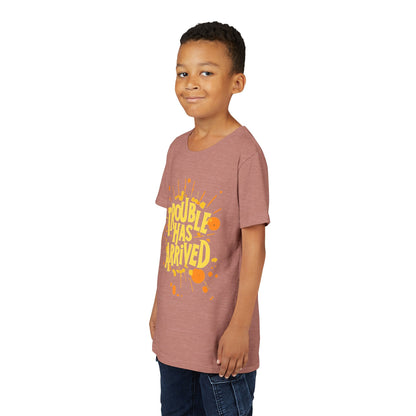 Youth Tee: "Trouble Has Arrived" - Fun, Playful Shirt for Kids, Perfect for Birthdays, Parties, Summer, Everyday Wear, Gift Ideas