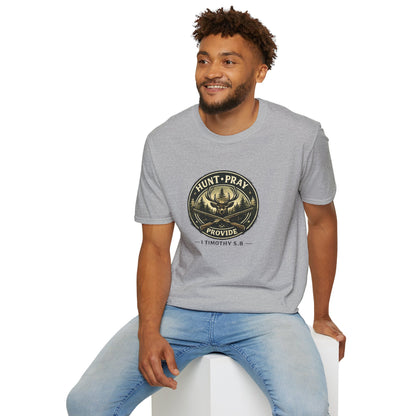 Hunt Pray Provide T‑Shirt — 1 Timothy 5:8 Hunting Faith Tee