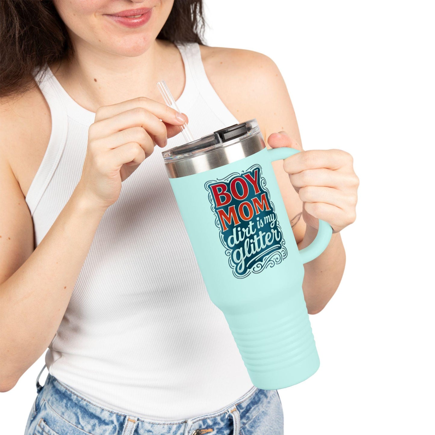Stylish Insulated Travel Mug for Busy Moms, Boy Mom Gift, 40oz Coffee Tumbler, Glitter Design, Large Reusable Drink Cup