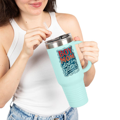 Stylish Insulated Travel Mug for Busy Moms, Boy Mom Gift, 40oz Coffee Tumbler, Glitter Design, Large Reusable Drink Cup