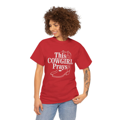 This Cowgirl Prays Unisex Heavy Cotton Tee, Western T-Shirt, Gift for Cowgirls, Rodeo Apparel, Faith-Based Fashion, Country Style Top