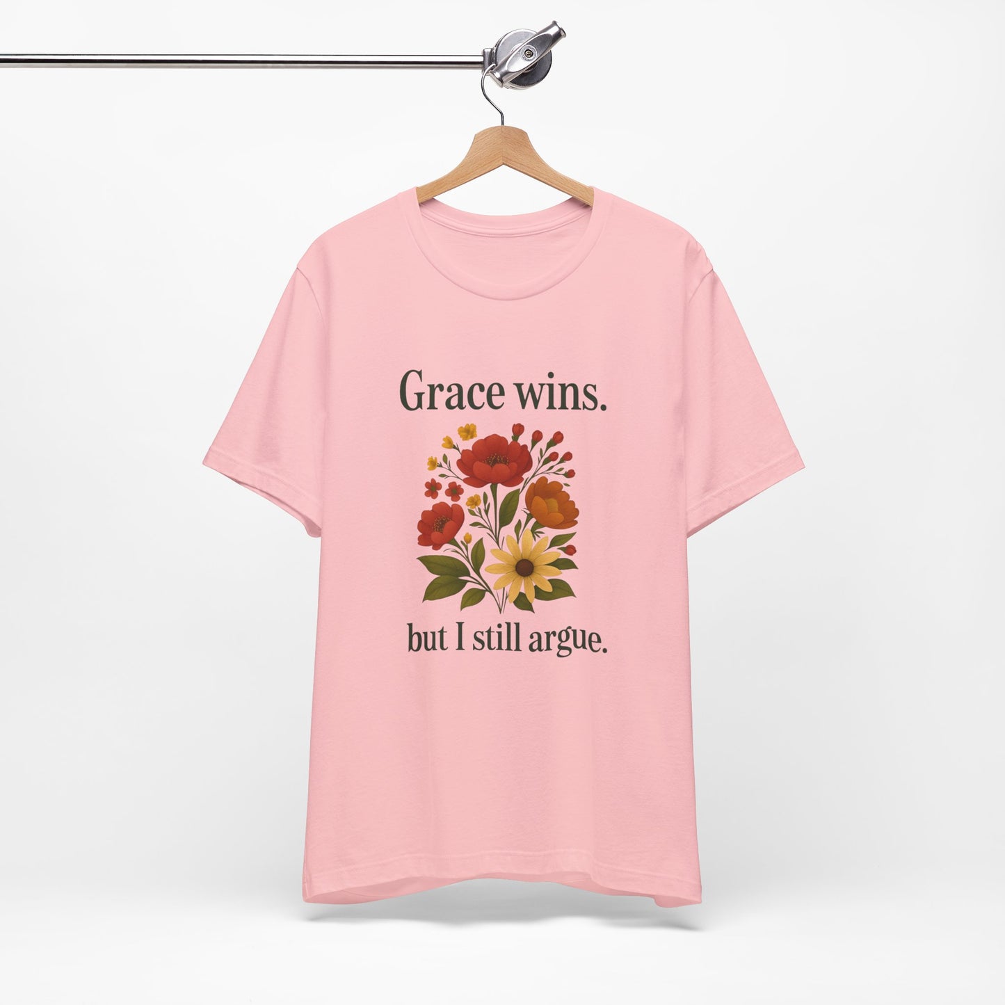 Floral Quote Tee, Grace Wins Short Sleeve T-Shirt, Unisex Graphic Tee, Gift for Friends, Casual Wear, Everyday Comfort